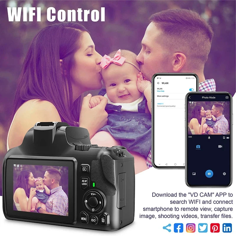 Digital Camera 4K 64MP Digital SLR Camera for Photography & Video 10X Optical Zoom Professional Cameras for Youtube with Flash