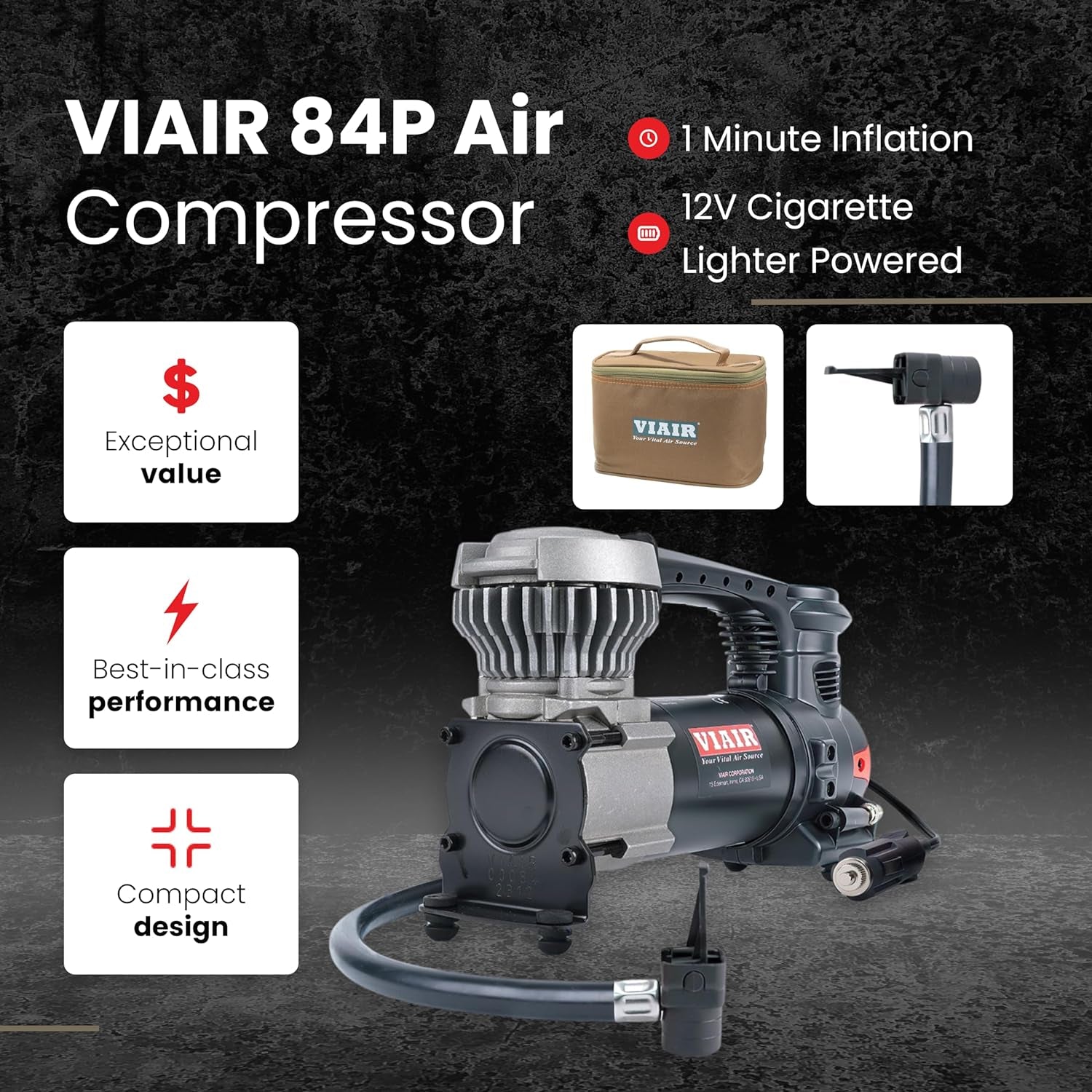 85P - 00085 Tire Inflator Portable Air Compressor for Car, Truck & SUV 12V On/Offroad Tire Pump Air Compressor Portable Heavy Duty 60 PSI, Cigarette Plug, Twist Chuck